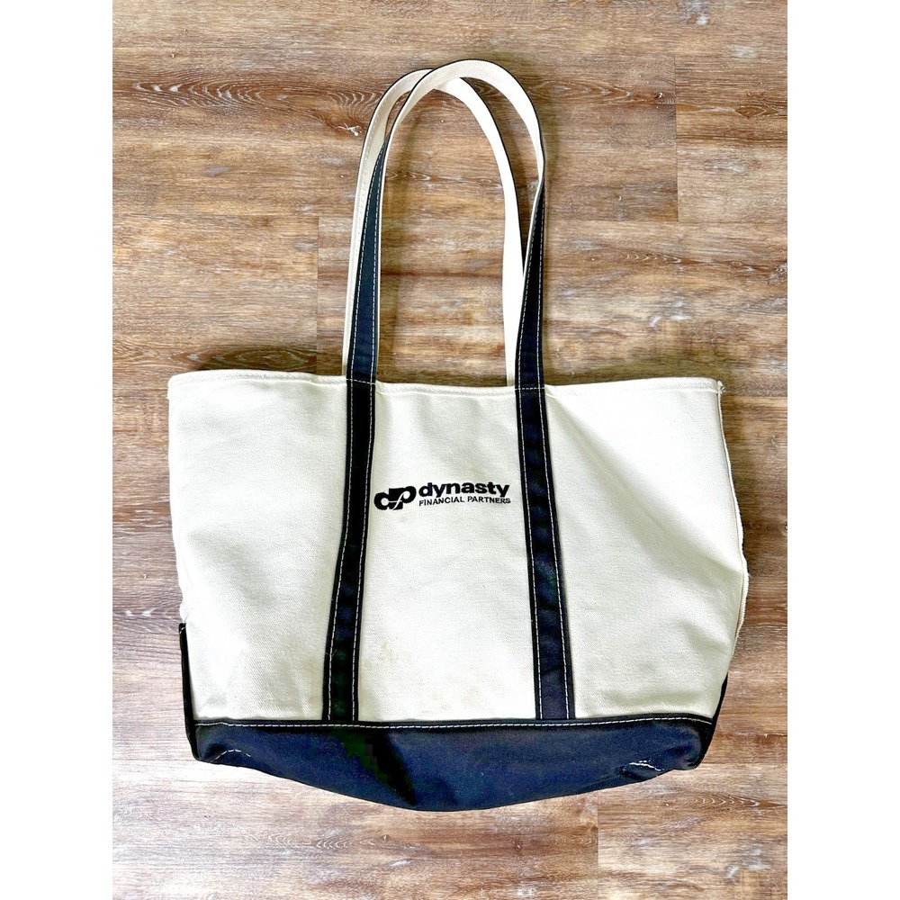 LL Bean Boat And Tote Bag Cream Black Dynasty Logo Zipper Top Large Shoulder